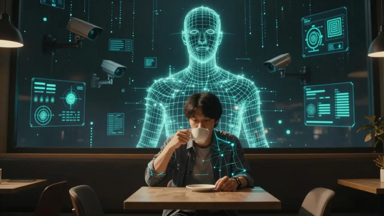 Humanoid robot overseeing a young man