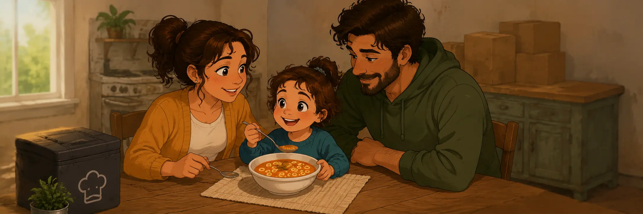 Pia enjoying the alphabet soup (AI generated)